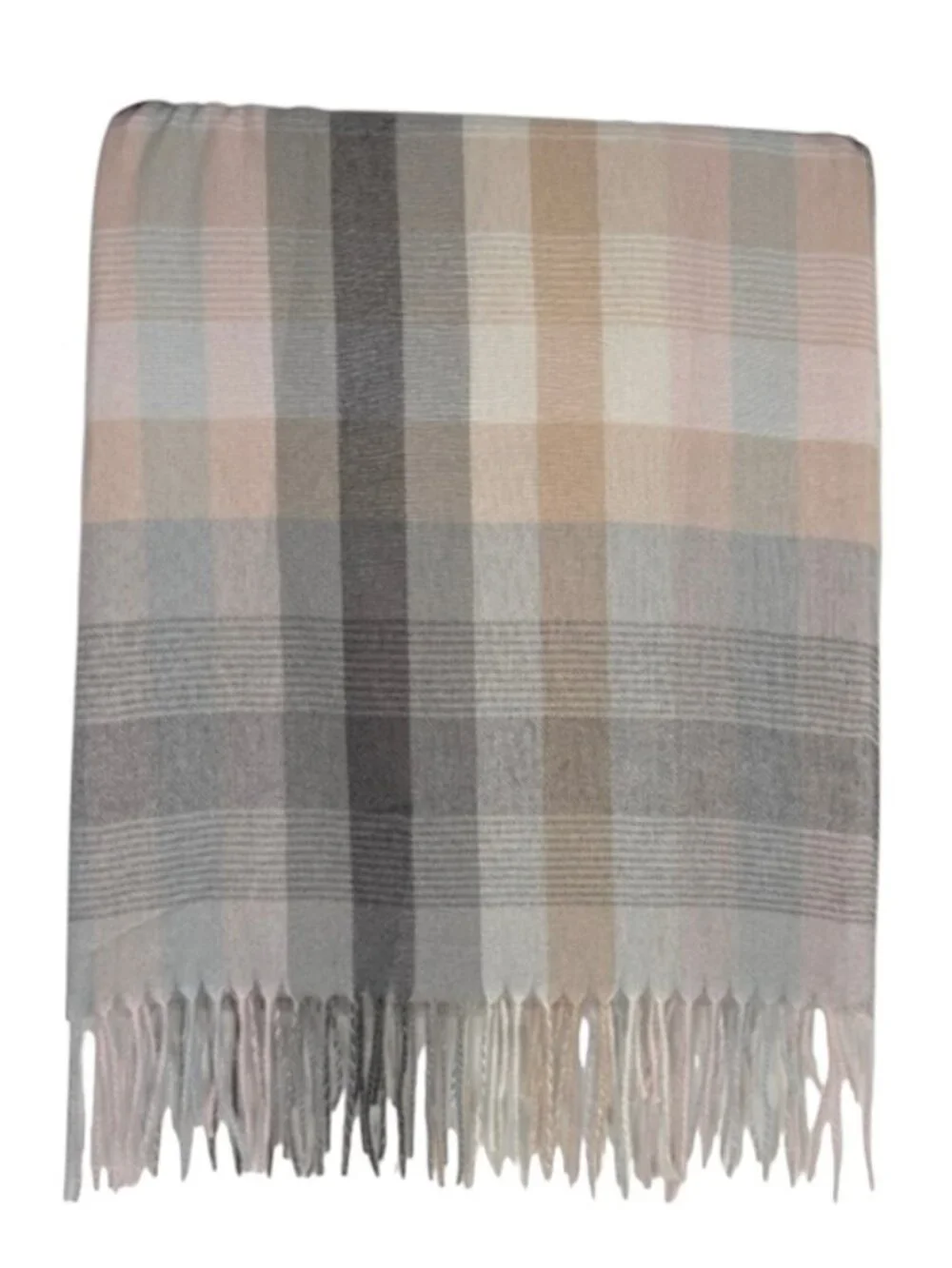 Nine West Plaid Scarf Shoulder Wrap Gray Pink Tan Wide Checkered Fringe